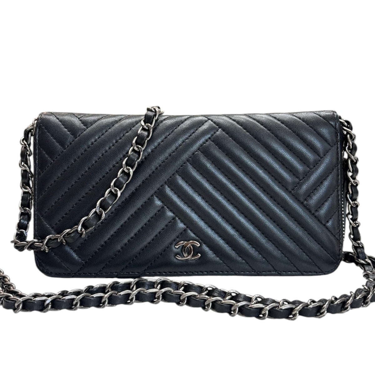 CHANEL Black Lambskin Crossing GMHW Zip Wallet Chanel