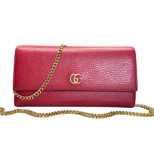 GUCCI Red Grained Leather GG Marmont Wallet with Chain Gucci