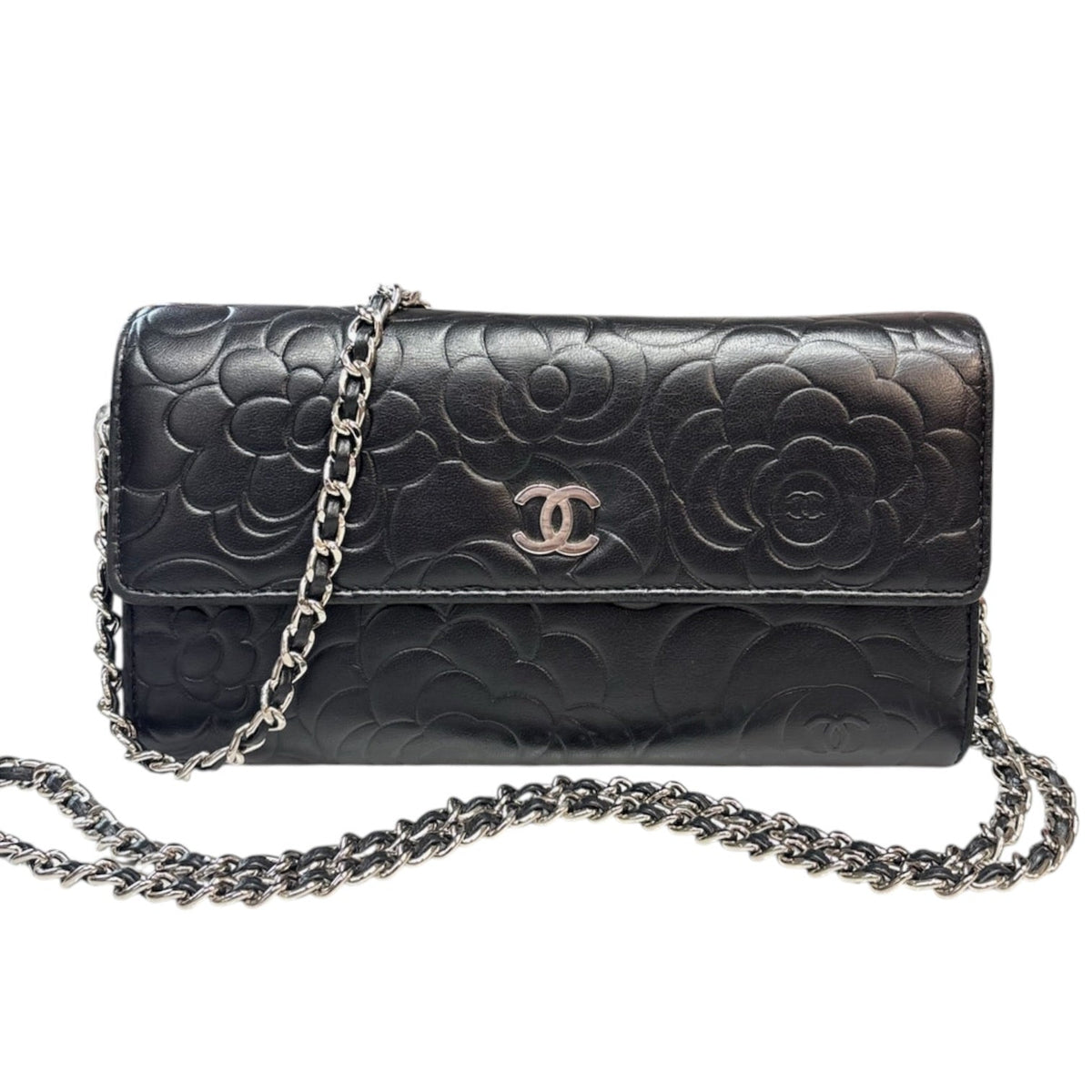CHANEL Black Lambskin SHW Camellia Long Flap Wallet Chanel
