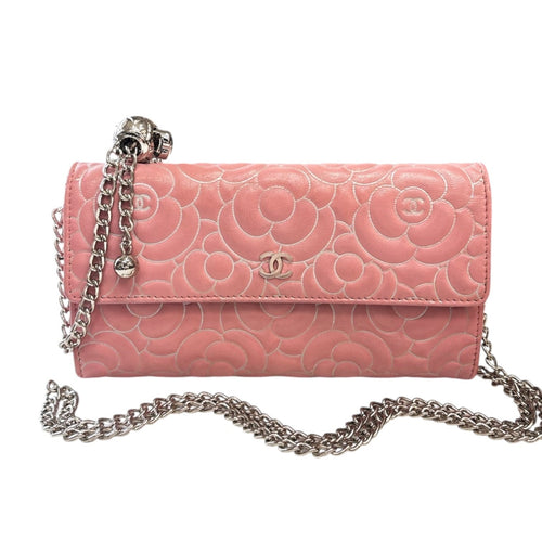 CHANEL Pink Lambskin SHW Camellia Long Flap Wallet Chanel