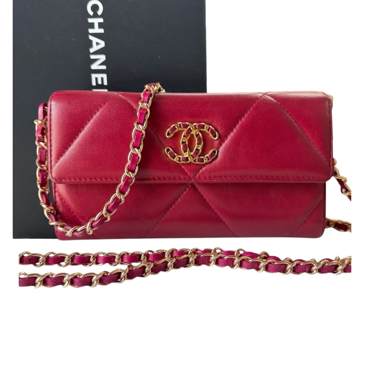 CHANEL 19 Red Goatskin Large Quilt Long Flap Wallet Chanel