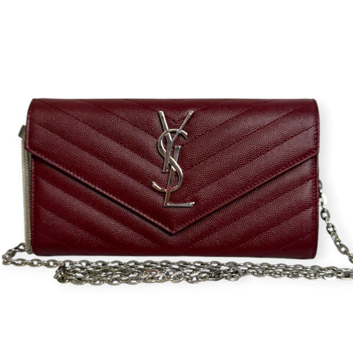 SAINT LAURENT Scarlet Red Grain de Poudre Chevron Cassandra YSL Clutch with Chain Saint Laurent