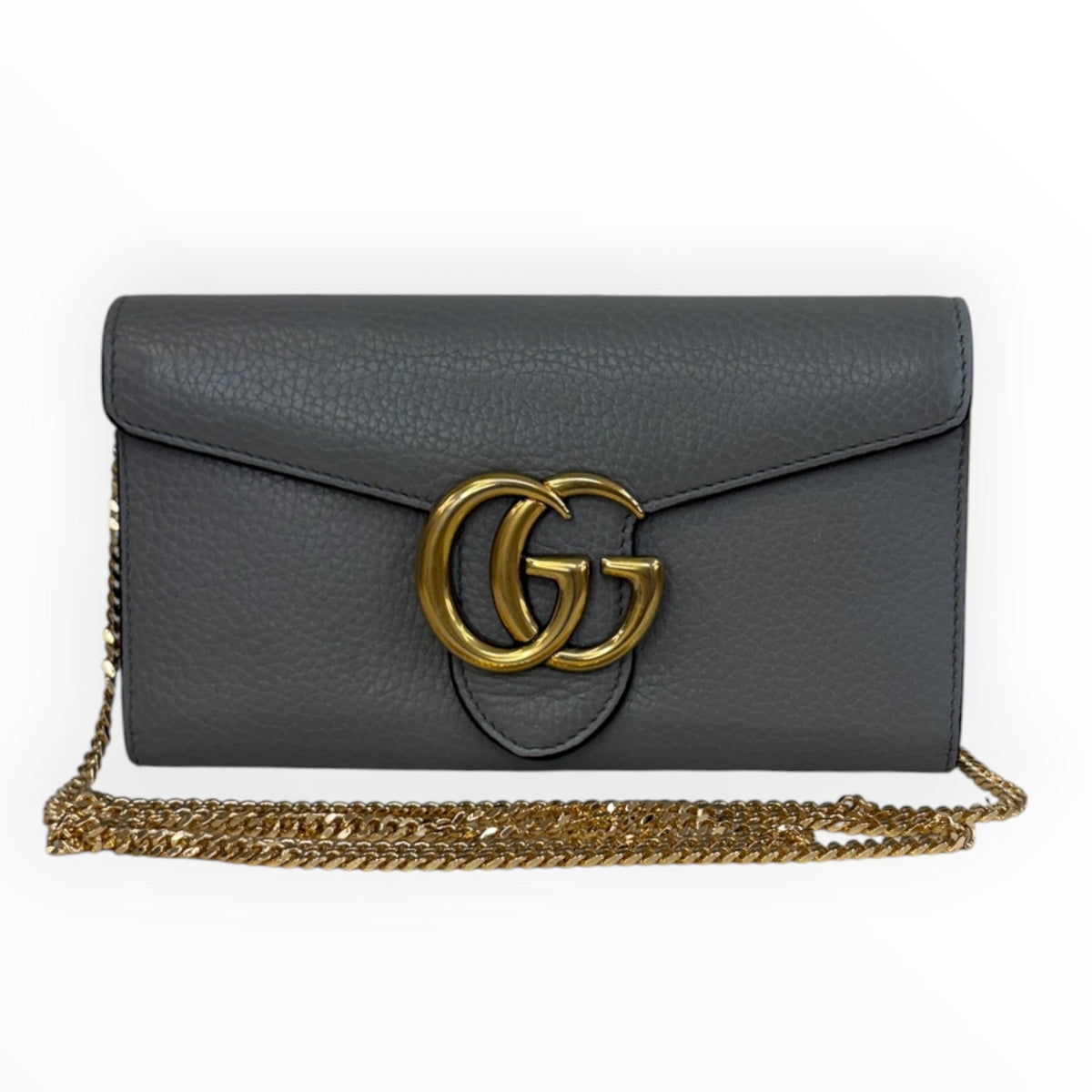 GUCCI Grey Pebbled Leather GG Marmont Wallet with Chain Gucci