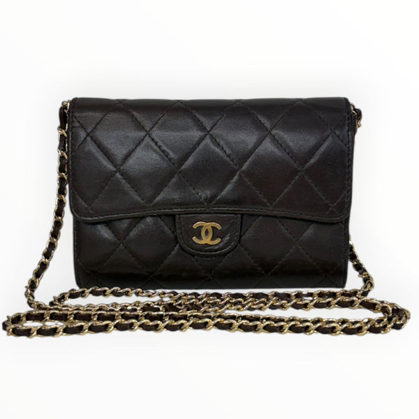 CHANEL Brown Lambskin Classic Quilt Medium Flap Wallet with added chain Chanel