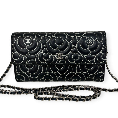 CHANEL Black and White Lambskin Camellia Long Flap Wallet Chanel
