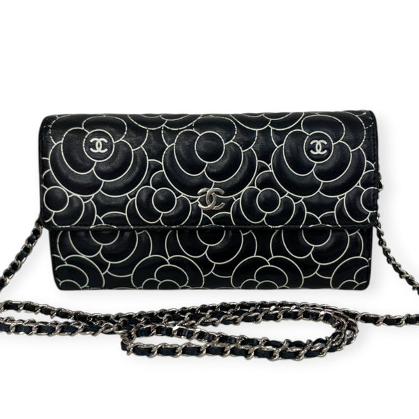 CHANEL Black and White Lambskin Camellia Long Flap Wallet Chanel