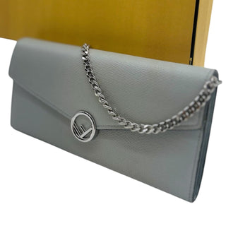 FENDI Gray Leather Continental Wallet with Silver Chain Fendi