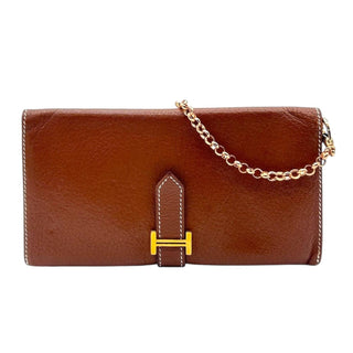 Brown Chevre Bearn Wallet with Gold Crossbody Chain Hermes