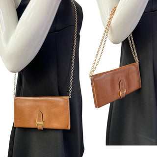 Brown Chevre Bearn Wallet with Gold Crossbody Chain Hermes