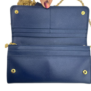 Preowned Prada Indigo Wallet and Detachable Card Holder with added Gold Crossbody Chain prada Prada
