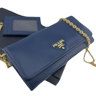Preowned Prada Indigo Wallet and Detachable Card Holder with added Gold Crossbody Chain prada Prada