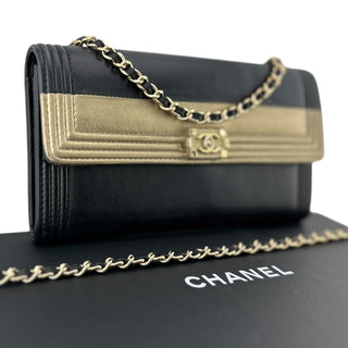 CHANEL Black & Gold Leather Boy Long Flap Wallet Chanel