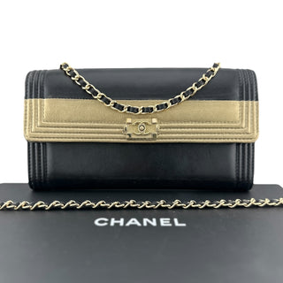 CHANEL Black & Gold Leather Boy Long Flap Wallet Chanel