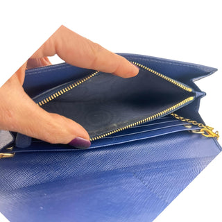 Preowned Prada Indigo Wallet and Detachable Card Holder with added Gold Crossbody Chain prada Prada