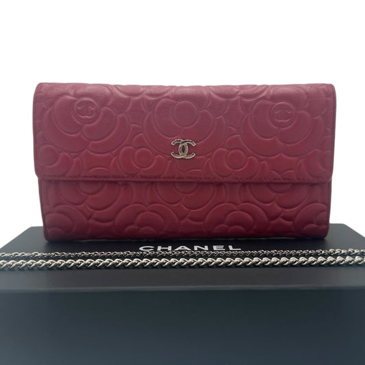 CHANEL Lambskin Camellia Long Flap Wallet Chanel