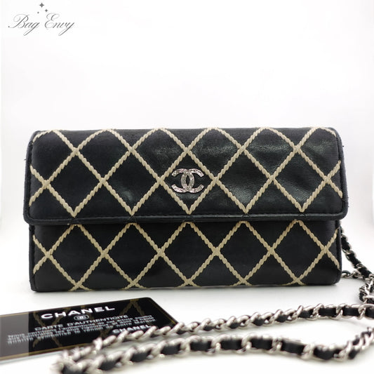 CHANEL Calfskin Wild Stitch Long Flap Wallet with Added Unbranded Chain Chanel