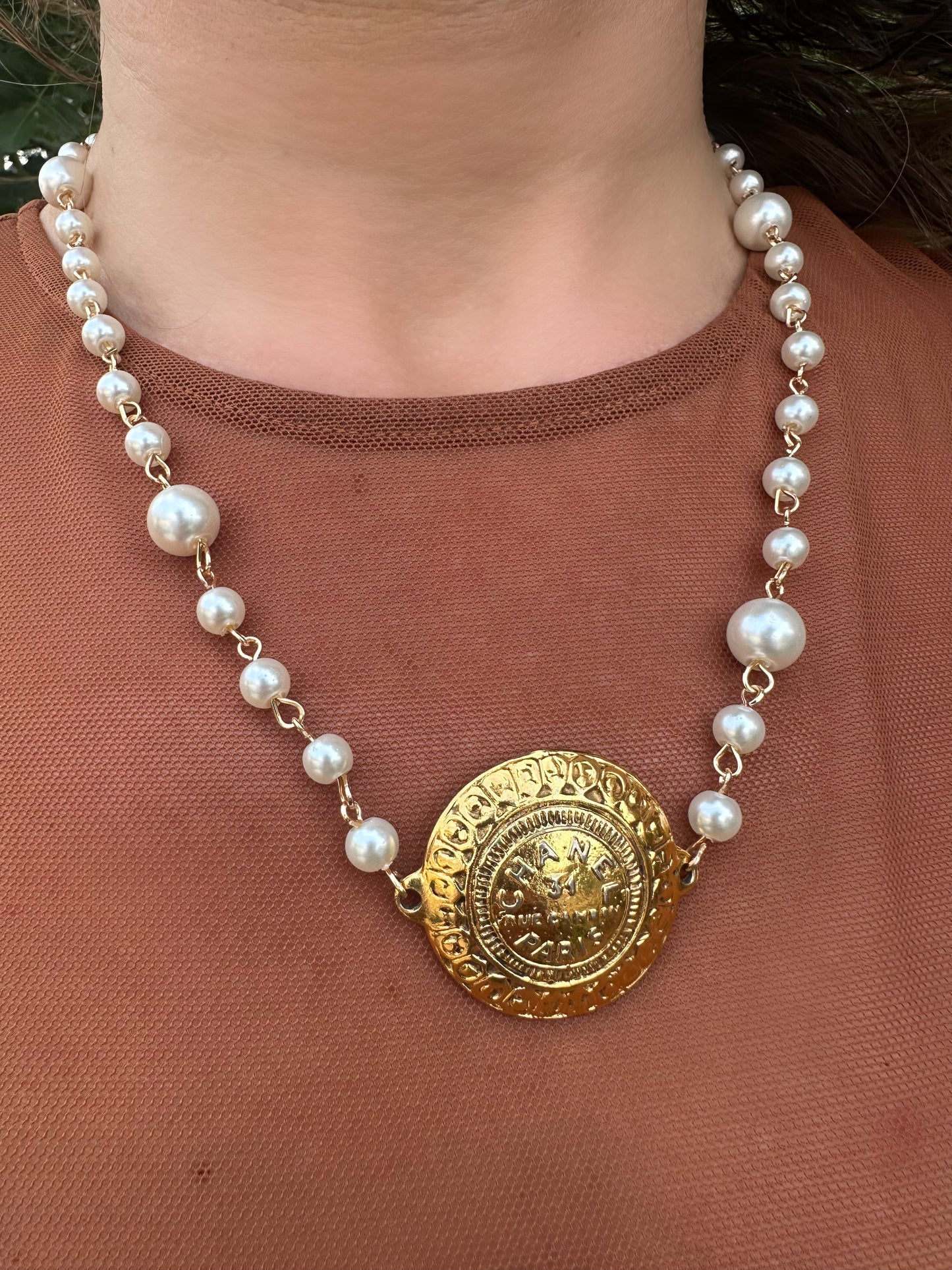 Repurposed CHANEL Coin Charm Pearl Necklace