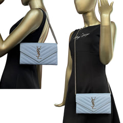 SAINT LAURENT Sky Blue Grained Leather SHW Cassandra Clutch with Chain Saint Laurent