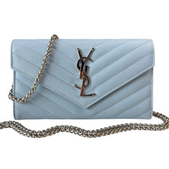 SAINT LAURENT Sky Blue Grained Leather SHW Cassandra Clutch with Chain Saint Laurent