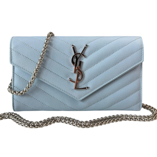 SAINT LAURENT Sky Blue Grained Leather SHW Cassandra Clutch with Chain Saint Laurent