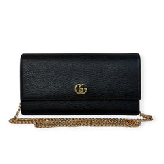 GUCCI Black Grained Leather GG Marmont Wallet with Chain Gucci