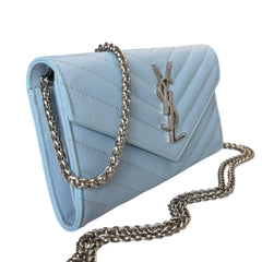 SAINT LAURENT Sky Blue Grained Leather SHW Cassandra Clutch with Chain Saint Laurent