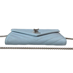 SAINT LAURENT Sky Blue Grained Leather SHW Cassandra Clutch with Chain Saint Laurent