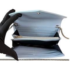 SAINT LAURENT Sky Blue Grained Leather SHW Cassandra Clutch with Chain Saint Laurent