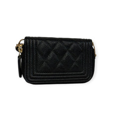 CHANEL Black Quilted Caviar Leather Compact Boy Zip Wallet Chanel