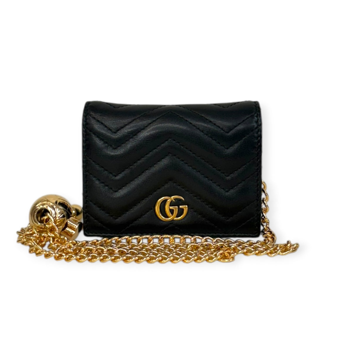 GUCCI Black GG Marmont Compact Wallet with Adjustable Chain Gucci