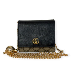 GUCCI GG Supreme and Black Leather Compact Wallet with Unbranded Adjustable Chain Gucci