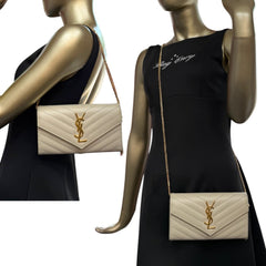 SAINT LAURENT Ivory Grained Leather Chevron Cassandra Clutch with Chain/Tassel Saint Laurent
