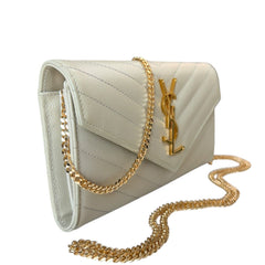 SAINT LAURENT Ivory Grained Leather Chevron Cassandra Clutch with Chain/Tassel Saint Laurent