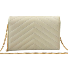 SAINT LAURENT Ivory Grained Leather Chevron Cassandra Clutch with Chain/Tassel Saint Laurent