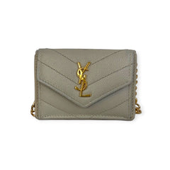 SAINT LAURENT Ivory Leather YSL Compact Trifold Wallet with Adjustable Chain Saint Laurent