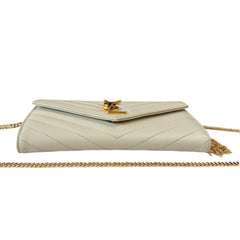 SAINT LAURENT Ivory Grained Leather Chevron Cassandra Clutch with Chain/Tassel Saint Laurent