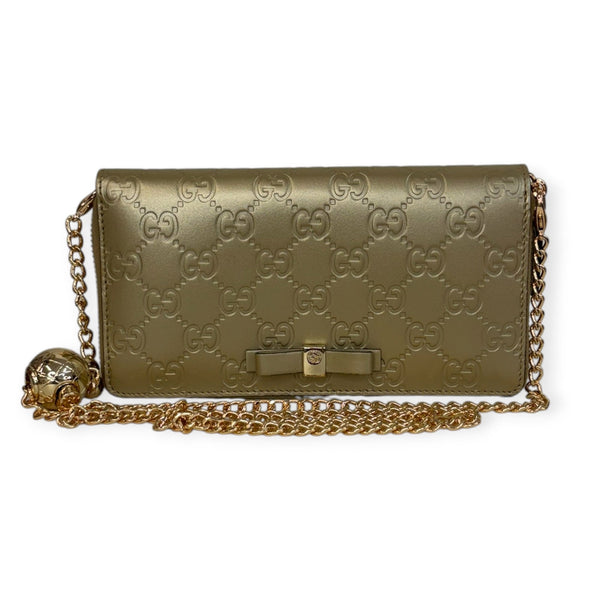 GUCCI Metallic Gold Leather Guccissima Zip Wallet with Crossbody Chain Gucci