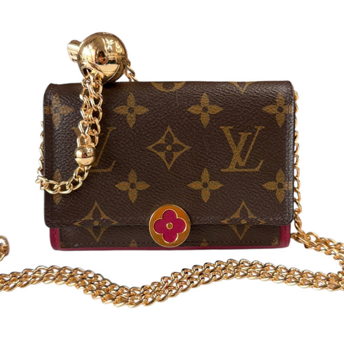 LOUIS VUITTON Monogram Flore Compact Wallet with Added Adjustable Chain Louis Vuitton