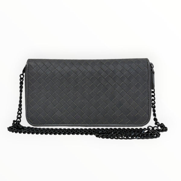 BOTTEGA VENETA Grey Leather Intrecciato Organizer Zip Wallet with added Chain Bottega Veneta