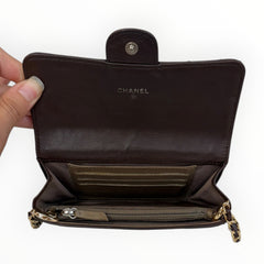 CHANEL Brown Lambskin Classic Quilt Medium Flap Wallet with added chain Chanel