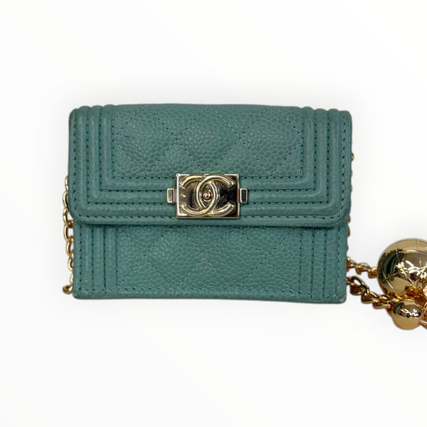CHANEL Teal Green Caviar Leather Boy Compact Wallet with added adjustable chain Chanel