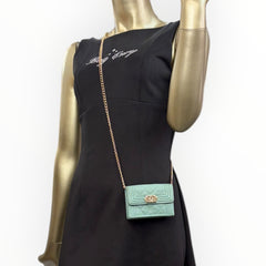 CHANEL Teal Green Caviar Leather Boy Compact Wallet with added adjustable chain Chanel