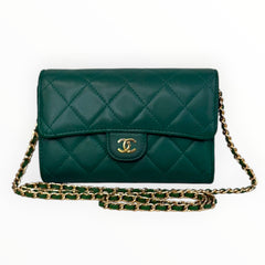 CHANEL Green Lambskin Classic Flap Medium Compact Trifold Wallet with added chain Chanel