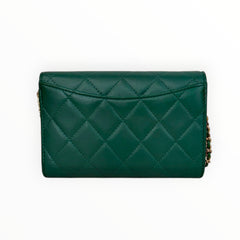 CHANEL Green Lambskin Classic Flap Medium Compact Trifold Wallet with added chain Chanel