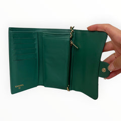 CHANEL Green Lambskin Classic Flap Medium Compact Trifold Wallet with added chain Chanel