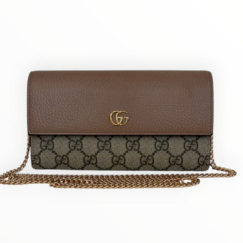 GUCCI Tan Leather/Coated Canvas GG Supreme Marmont Wallet with added Chain Gucci