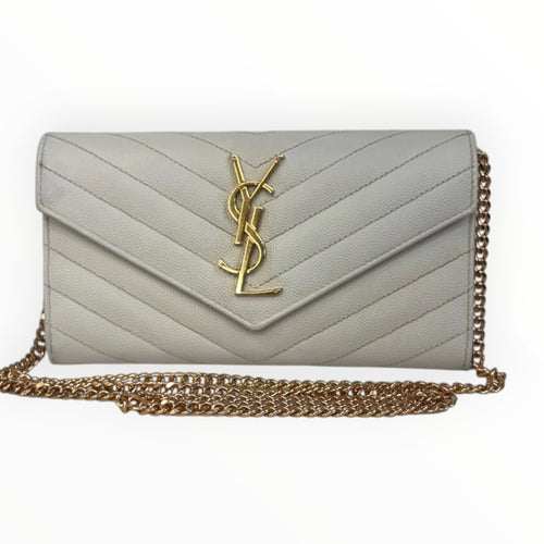 SAINT LAURENT Ivory Grained Leather Chevron Cassandra Clutch with Chain Saint Laurent