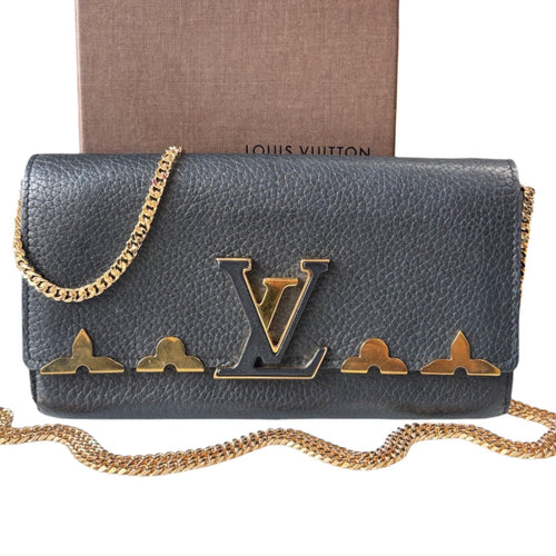 LOUIS VUITTON Black Taurillon Embellished Capucines Leather Wallet with Chain Louis Vuitton