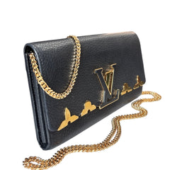 LOUIS VUITTON Black Taurillon Embellished Capucines Leather Wallet with Chain Louis Vuitton