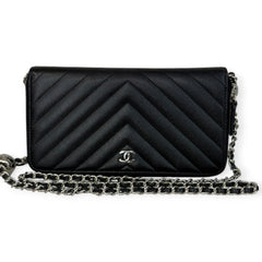 CHANEL Black Leather V Stitch Quilted SHW Zip Wallet Chanel